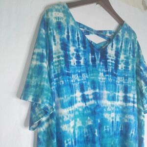 Catherines 2XL Sheath Dress A-line Short Sleeve Midi Blue/White Tye Dye Stretch